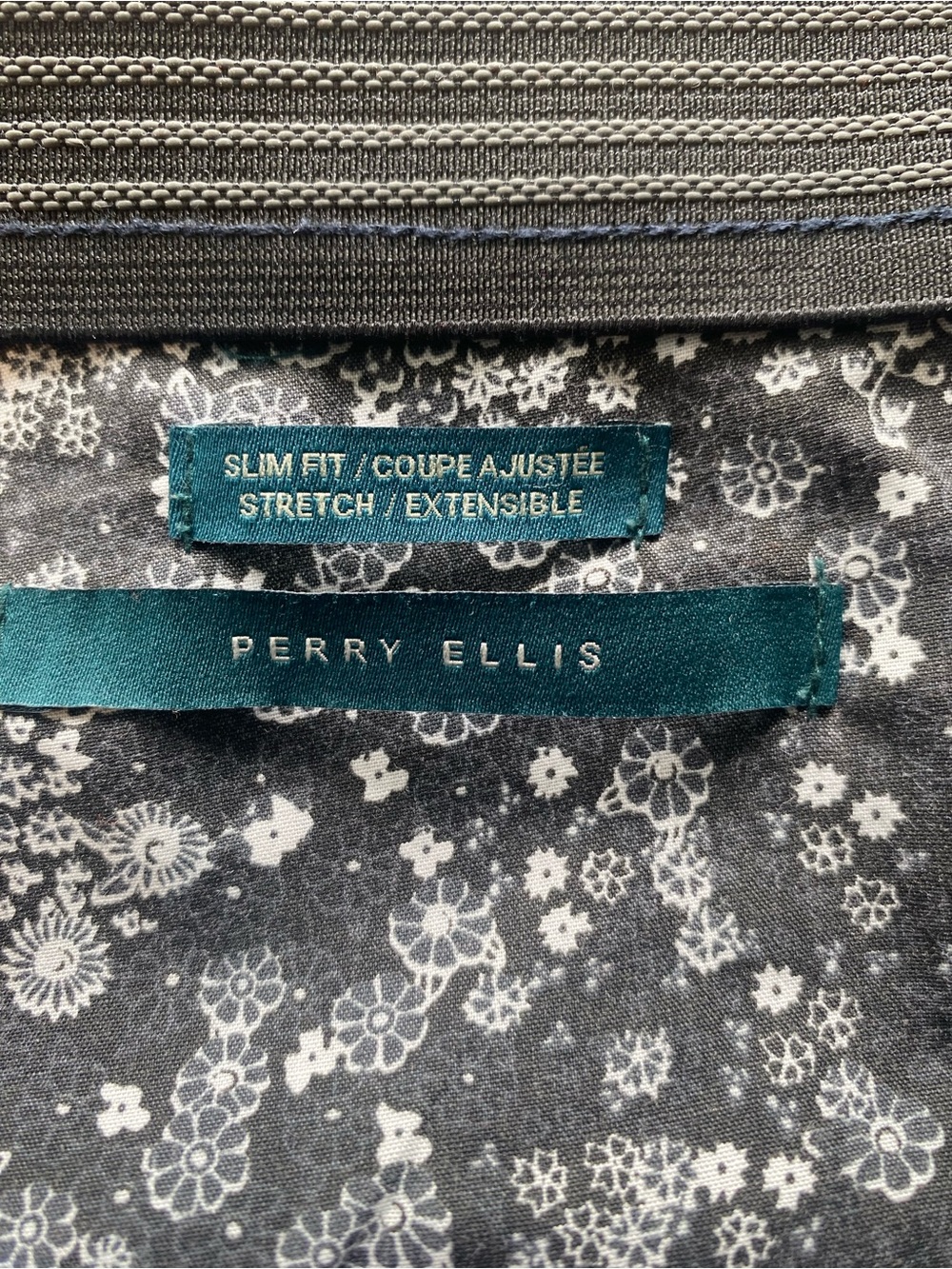 Perry Ellis Gray Shirt with White Floral and Teal Labels